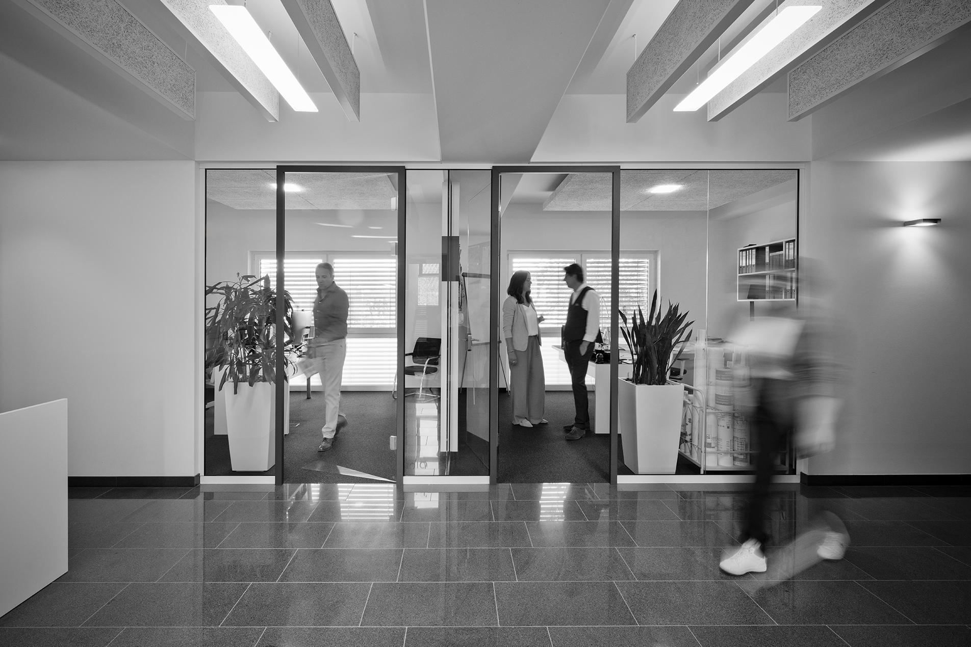 Blick vom Flur in zwei nebeneinander liegende Büroräume mit Glasfront, zwei Mitarbeitende stehend im Gespräch, zwei weitere in Bewegung